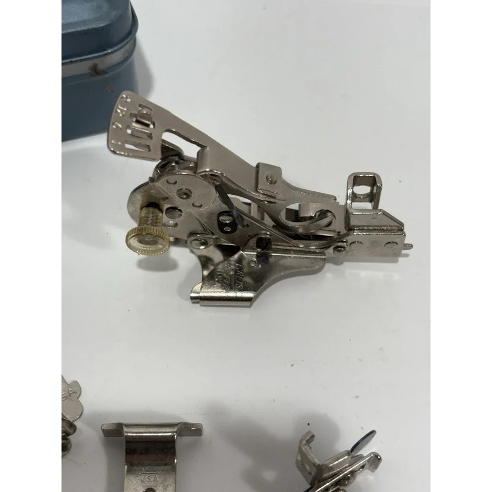 Vintage Sewing Machine Greist Attachments Parts Accessories LOT Of 14 w Tin Box